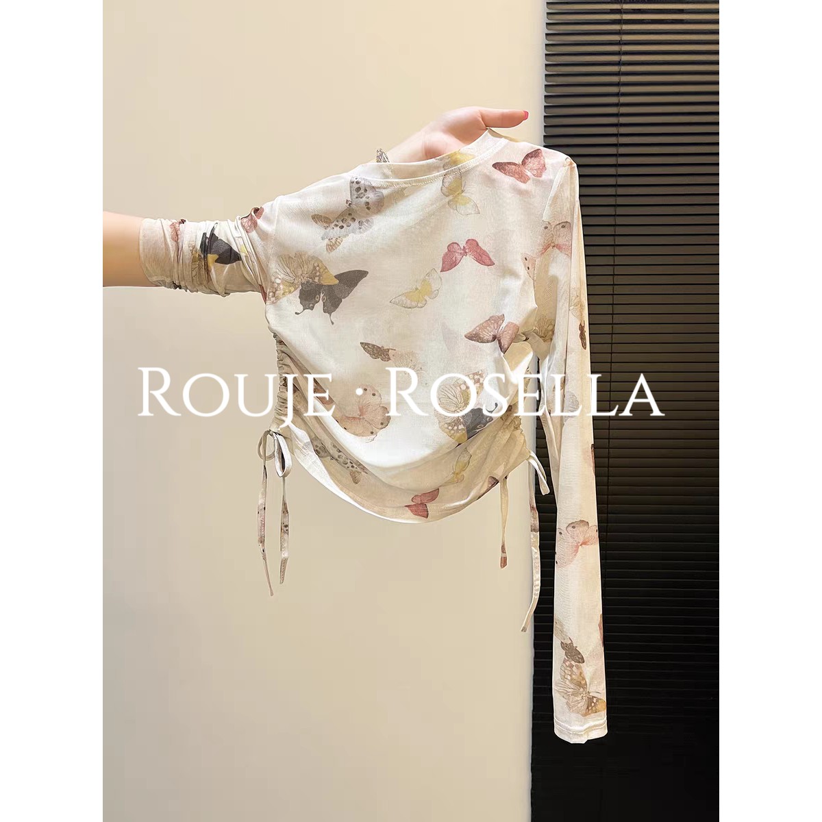 法国Rouje Rosella巨好看蝴蝶印花网纱抽绳收腰显瘦女防晒上衣
