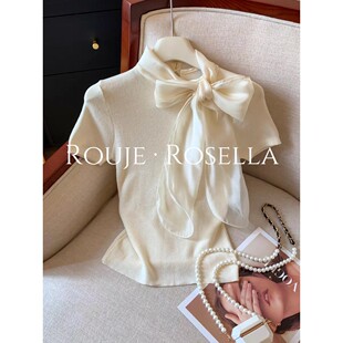 法国Rouje Rosella别致减龄⭐蝴蝶结飘带短袖T恤女夏针织衫上衣