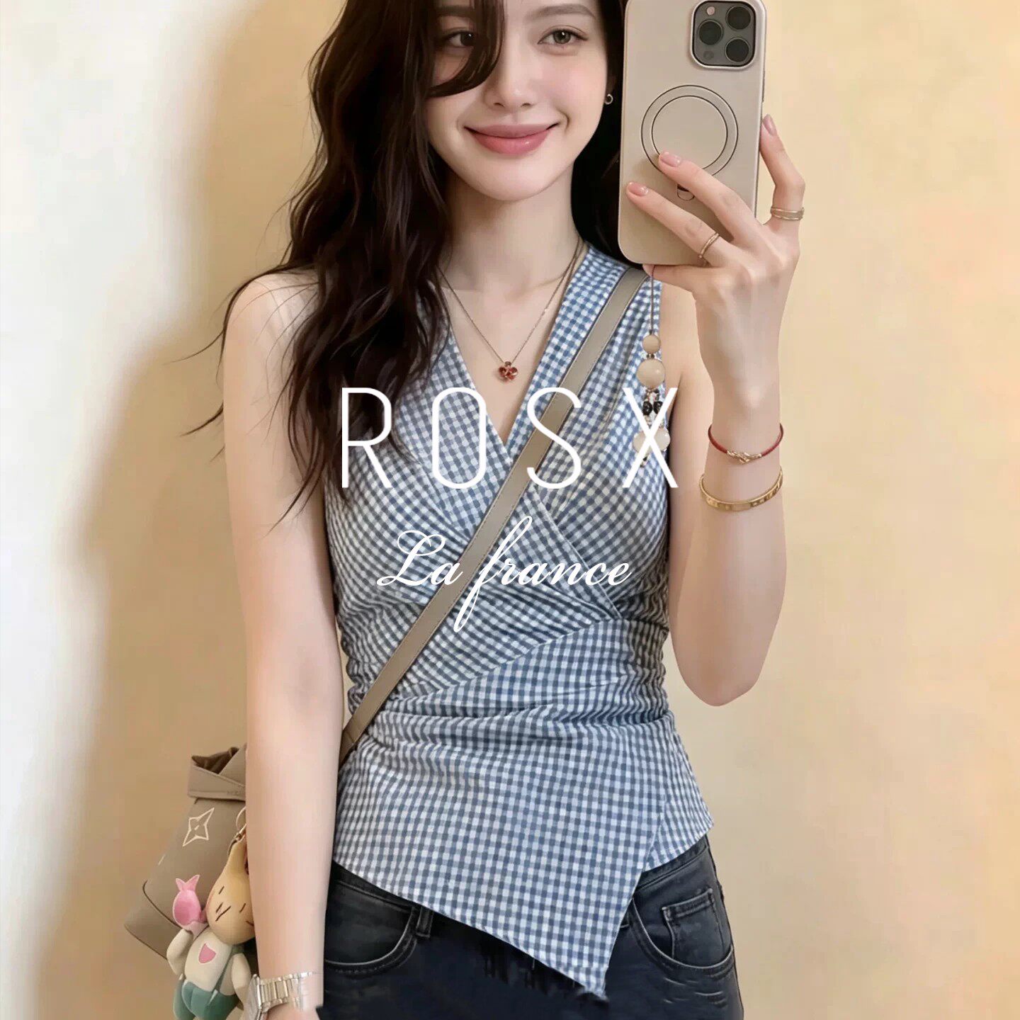 ROSX法式气质撞色格子V领无袖衬衫女夏季不规则交叉收腰修身衬衣