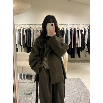 韩系双面羊绒大衣女短款小个子2025秋冬新款立领廓形羊毛外套女