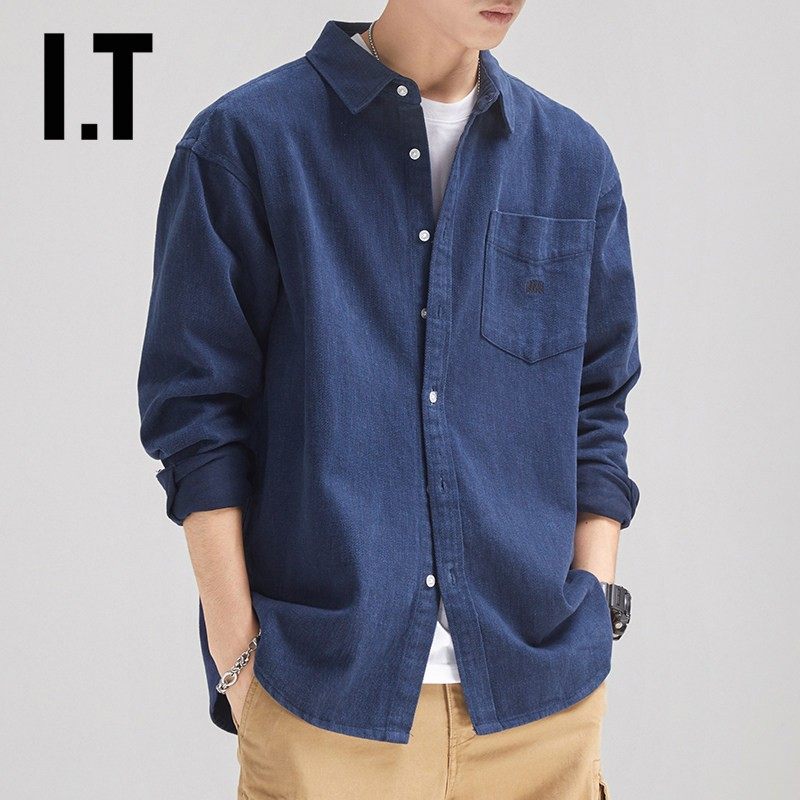 香港潮牌磨毛复古衬衫男春秋冬深蓝工装长袖上衣休闲纯色衬衣外套,男装,衬衫,淘宝优惠券,粉丝福利购,淘宝优惠卷