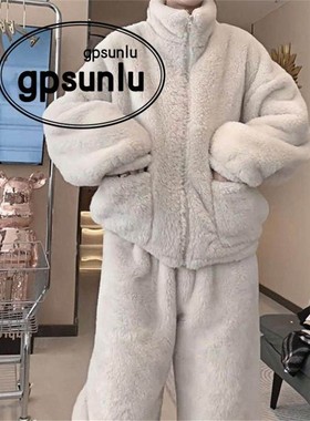 日本小众GP冬季立领睡衣女加绒厚韩版珊瑚绒纯色宽松拉炼保暖套装