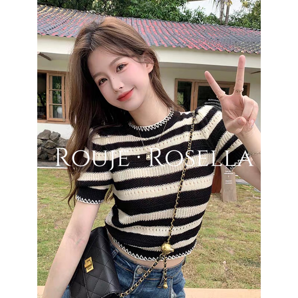 法国Rouje Rosella⭐黑白条纹正肩短袖t恤女夏镂空针织衫短款上衣