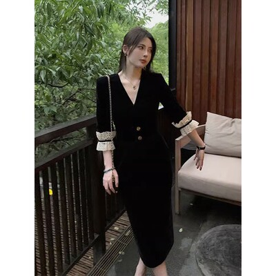 FAshi 法式覆古丝绒长袖黑色连衣裙子女秋冬装赫本风高级感小黑裙