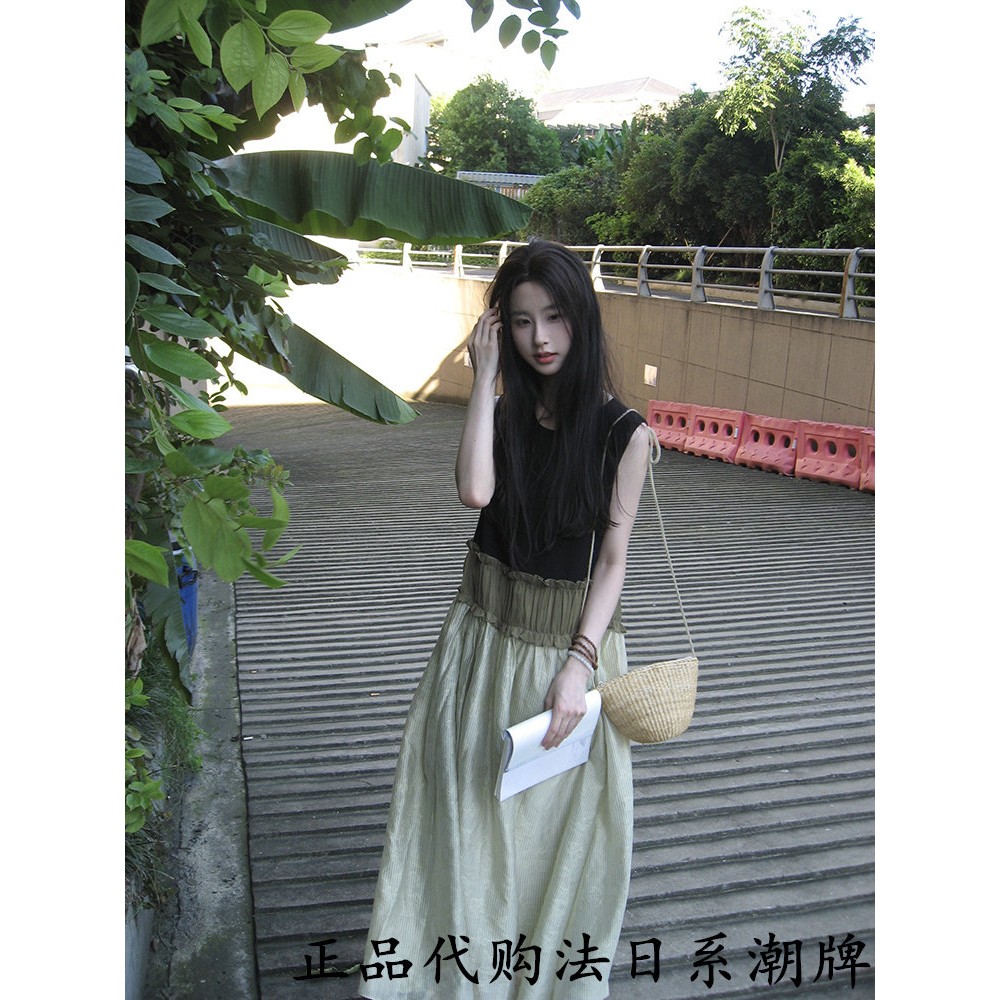 代购sly夏季新款休闲撞色拼接无袖连衣裙女气质木耳边背心长裙子