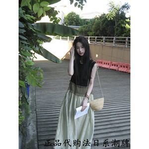 代购sly夏季新款休闲撞色拼接无袖连衣裙女气质木耳边背心长裙子