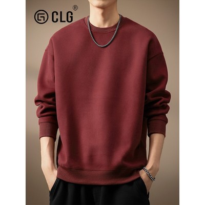 香港Clg时尚品牌经典360克重栗色美式覆古运动衫男士秋冬天鹅绒宽