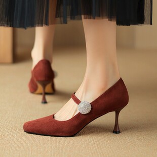 意大利设计师Corso Venezia~方头高跟单鞋女新款一字扣细跟婚鞋女