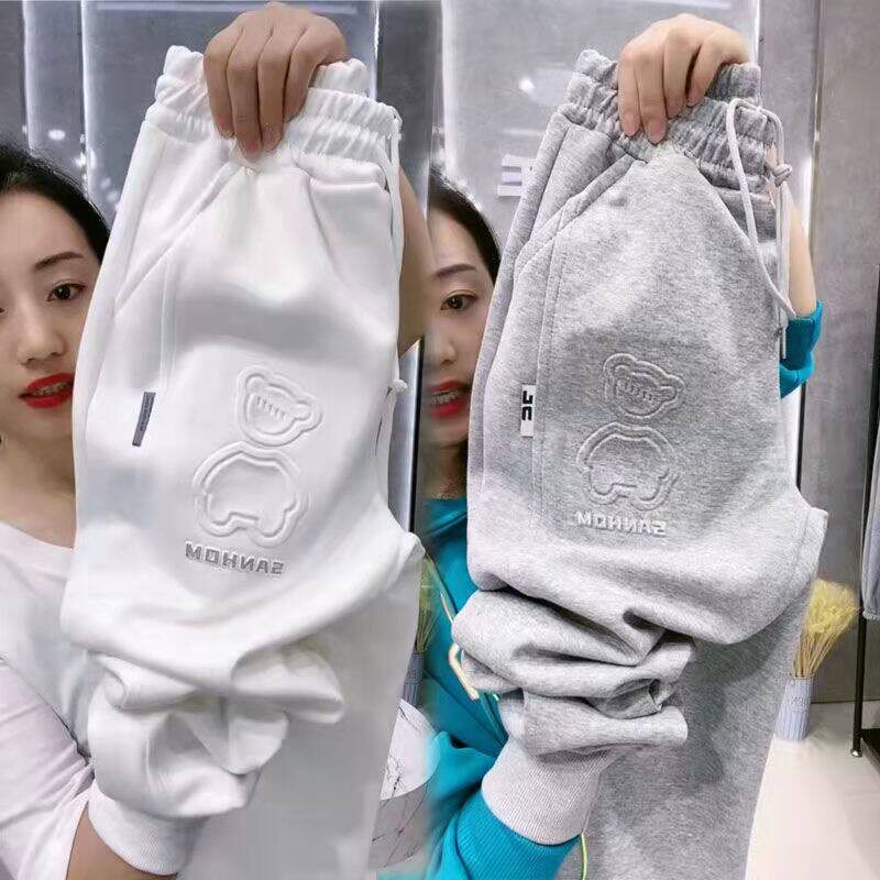 潮牌休闲加绒卫裤女2025秋冬新款纯棉束脚裤宽松显瘦运动裤哈伦裤