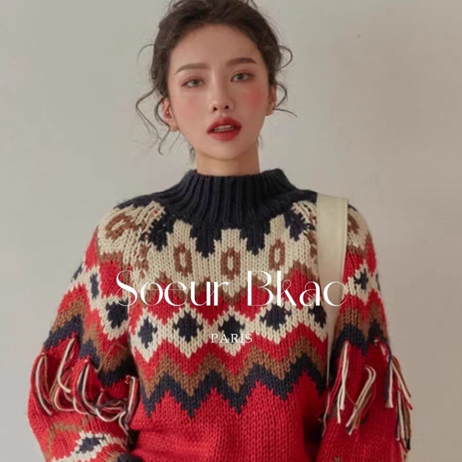 法国SOEUR BKAC法式复古菱格费尔岛流苏针织衫毛衣女秋冬撞色上衣,女装/女士精品,大码内搭,淘宝优惠券,粉丝福利购,淘宝优惠卷