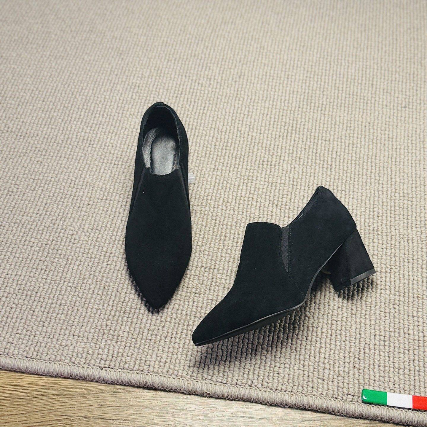 René Vanvilla复古显瘦?粗跟5cm 真皮尖头深口单鞋女【有大码】,女鞋,深口单鞋,淘宝优惠券,粉丝福利购,淘宝优惠卷