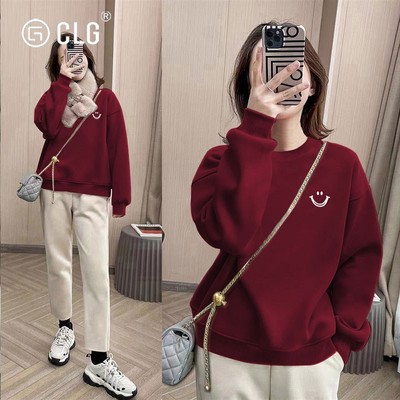 香港CLG潮牌新款圆领卫衣外套宽松休闲红色新年衣服加绒加厚秋冬