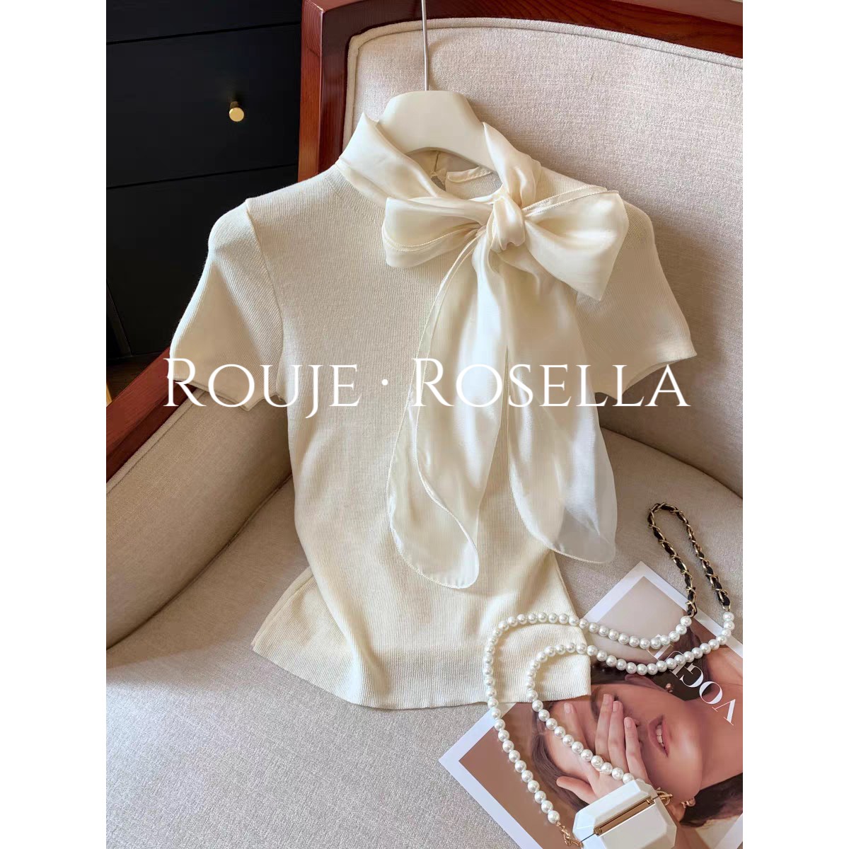 法国Rouje Rosella别致减龄⭐蝴蝶结飘带短袖T恤女夏针织衫上衣