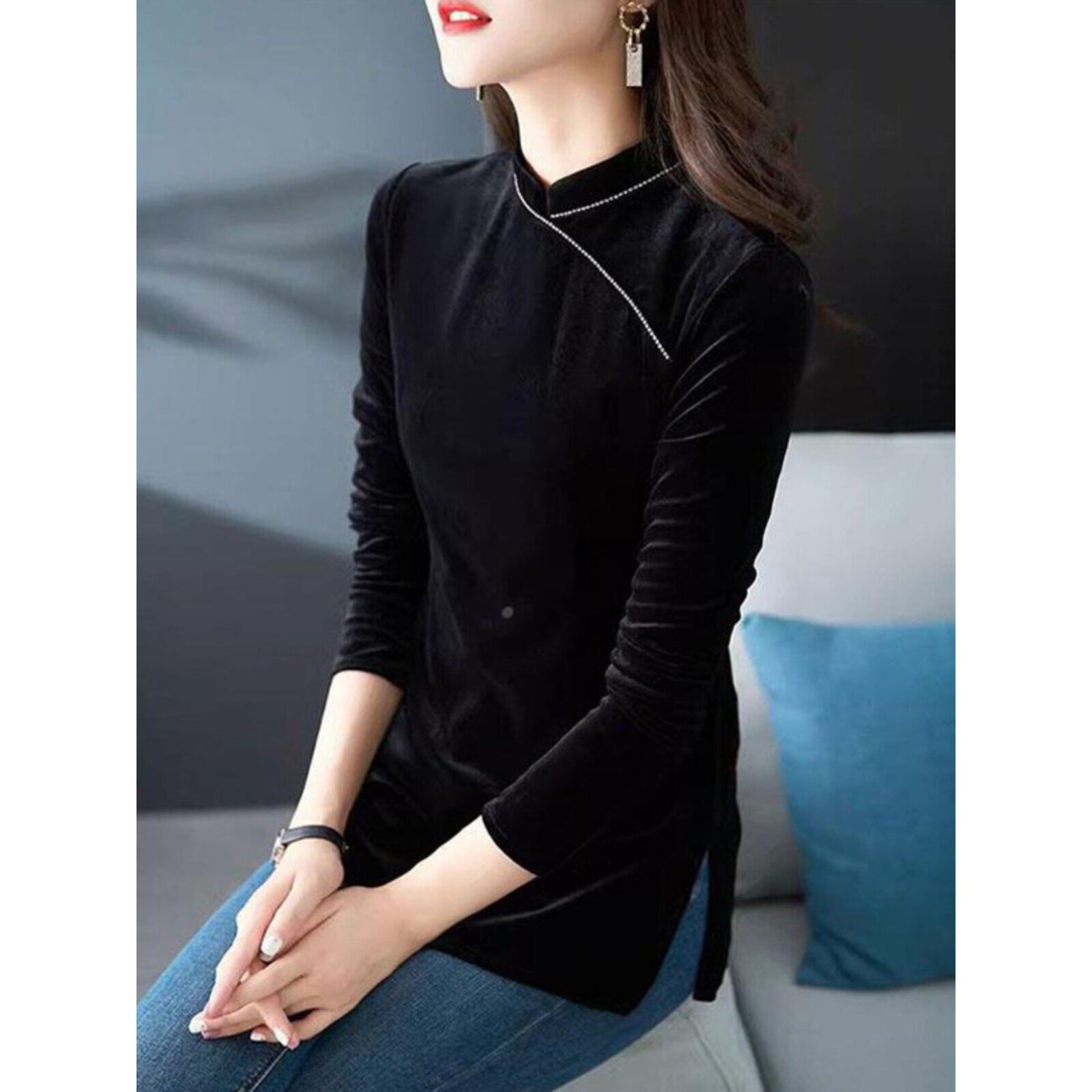 金丝绒打底衫女春秋欧货新款气质覆古黑色国风新中式改良旗袍上衣