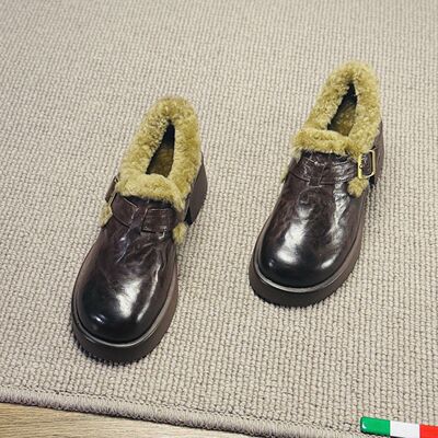 【意大利】René Vanvilla保暖羊毛?粗跟5cm 小羊皮圆头小皮鞋女