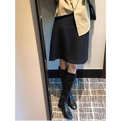 DORACTR 高级简约！高腰显瘦黑色半身裙女秋冬气质a字中裙毛呢裙