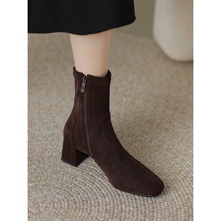 意大利Corso Venezia绒面弹力瘦瘦靴女2025秋冬新款显瘦短靴