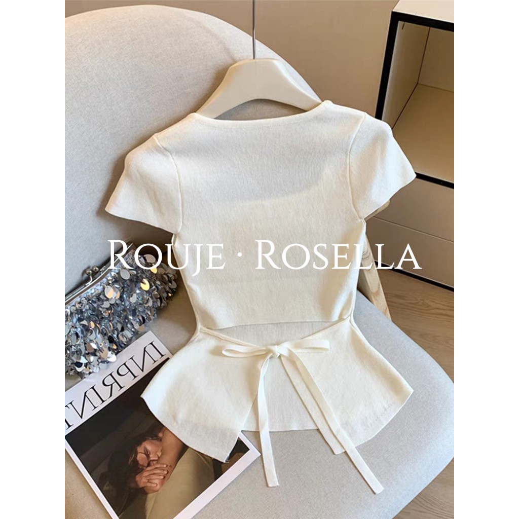 法国Rouje Rosella⭐设计感后背蝴蝶结短袖方领T恤女夏露腰款上衣