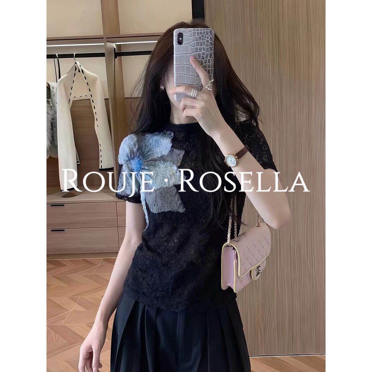 法国Rouje Rosella巨好看⭐设计感花朵点缀短袖T恤女夏气质上衣