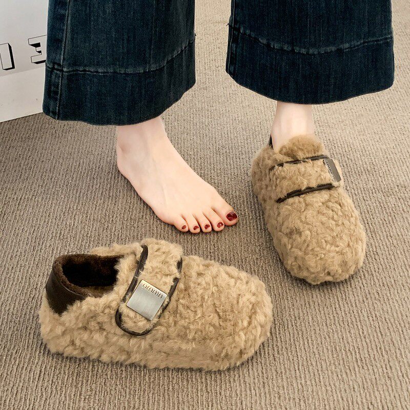 英国厚底全包勃肯毛毛鞋女外穿2025新款秋冬加绒雪地靴乐福棉鞋子