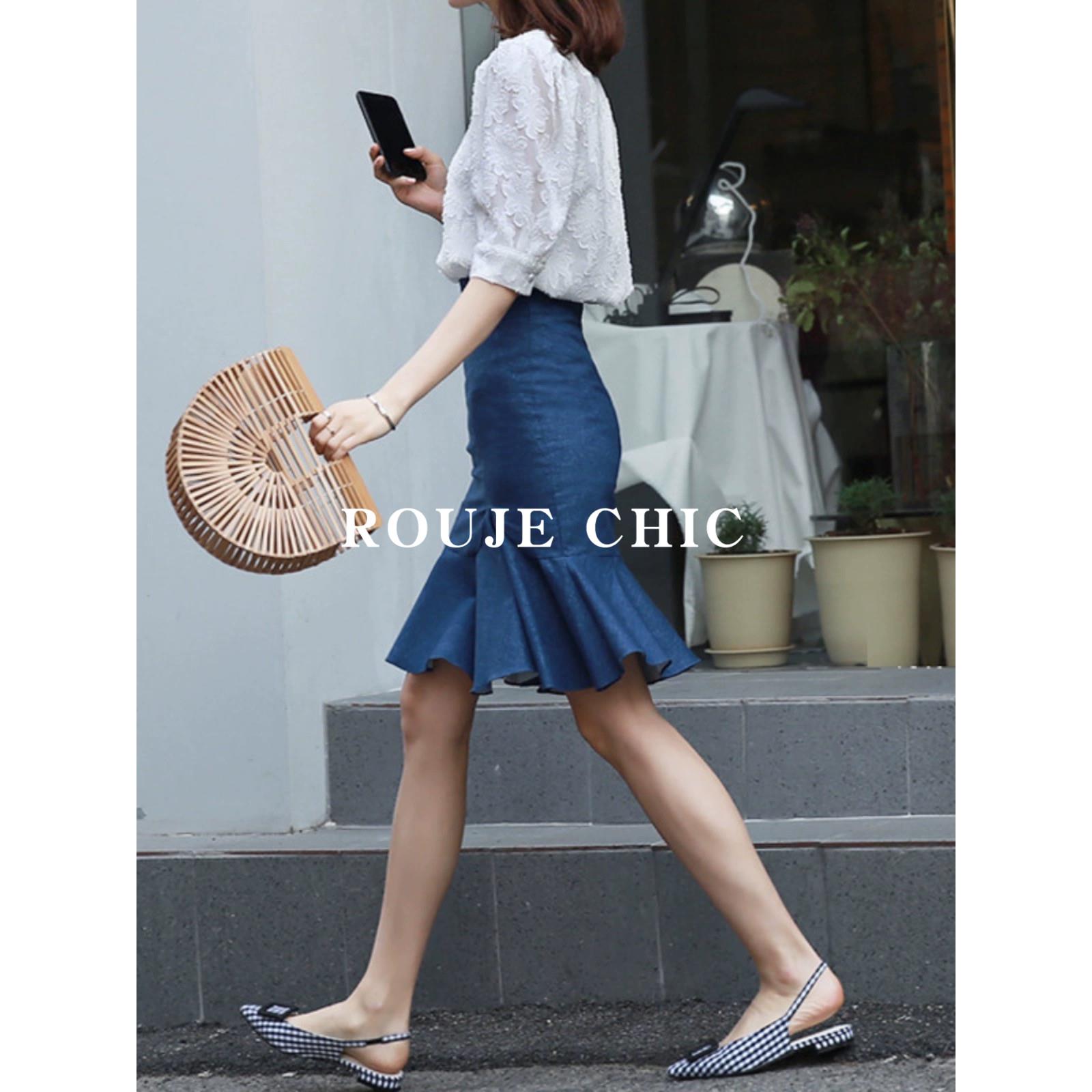 法国ROUJE CHIC夏季高腰仿牛仔半身裙包臀裙A字裙设计感鱼尾裙女