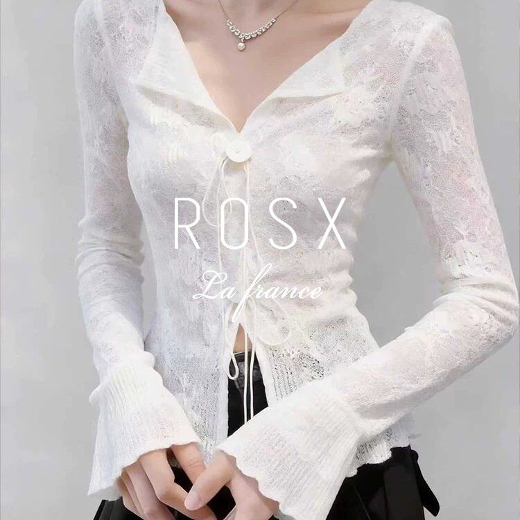 ROSX法式甜辣白色系带蕾丝打底衫女春季内搭设计感喇叭袖修身上衣