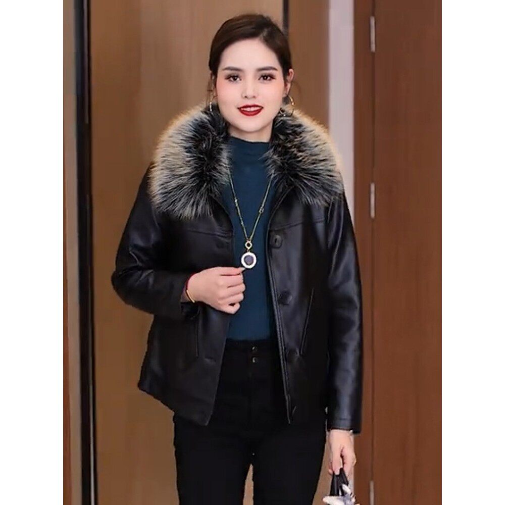 高清晰海宁皮革短外套女秋冬新款宽松百搭小绒加厚皮夹克