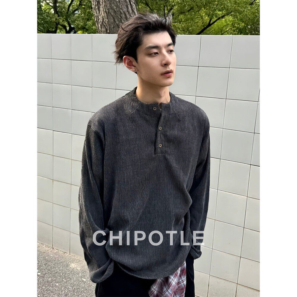 韩国CHIPOTLE亨利领长袖t恤男士2026秋季抽绳覆古正肩卫衣打底衫