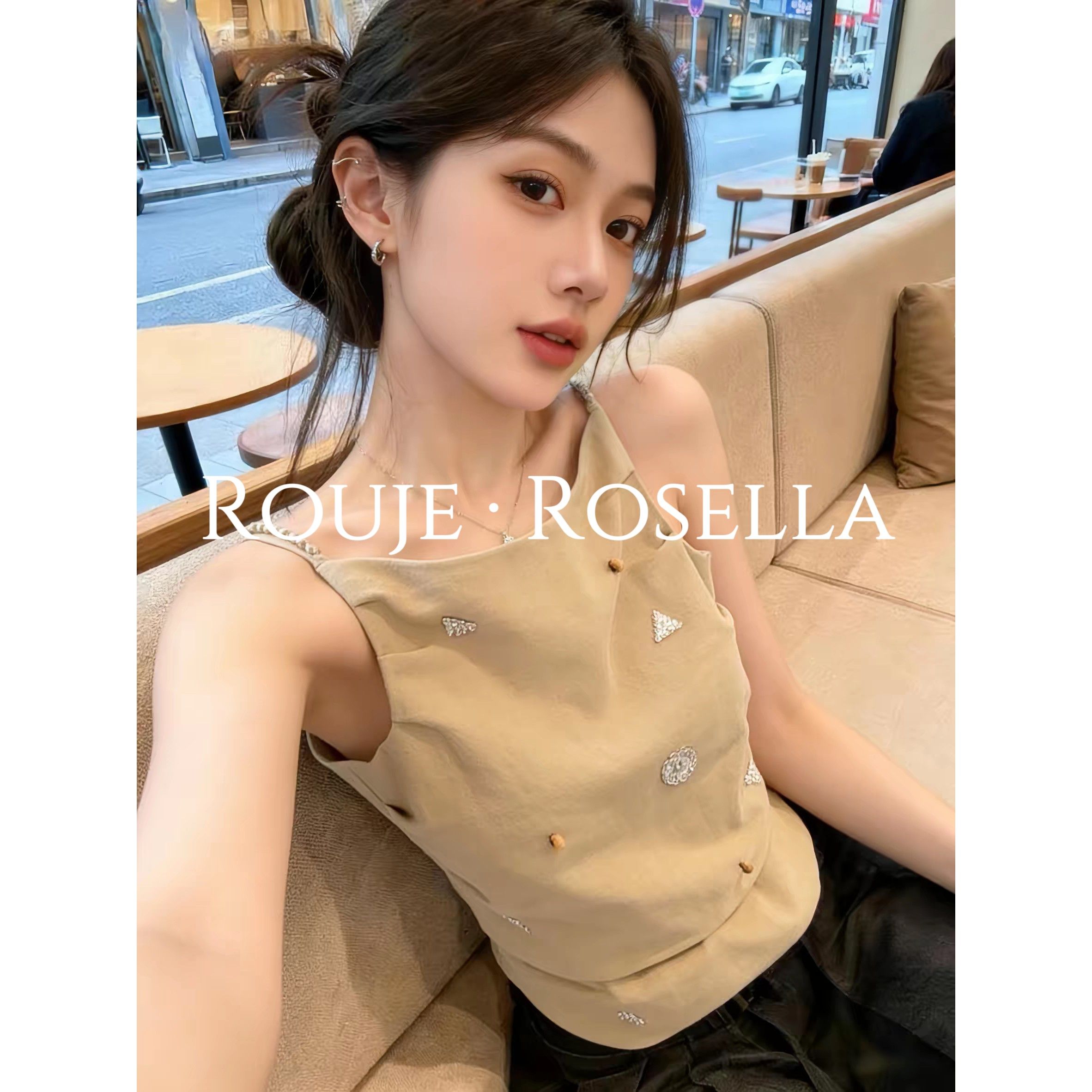 法国Rouje Rosella巨好看小香风重工镶钻吊带背心女夏绝美背心