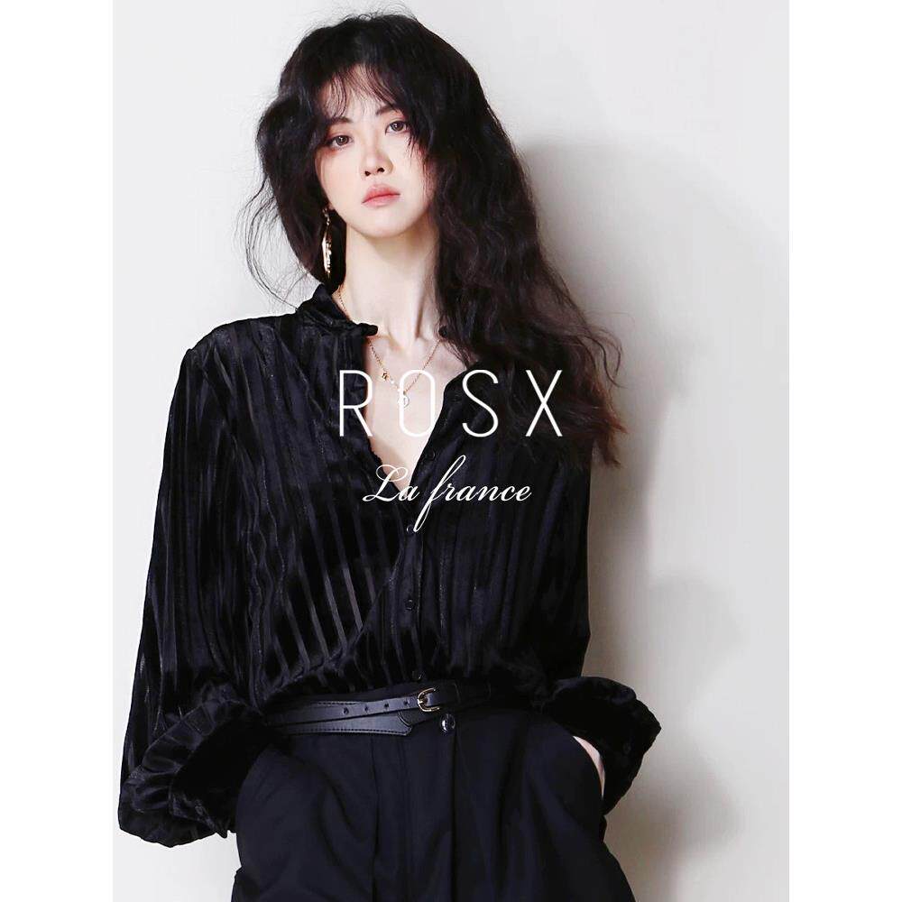 ROSX法式覆古半镂空丝绒高级感衬衫女秋季竖条纹垂感宽松长袖上衣