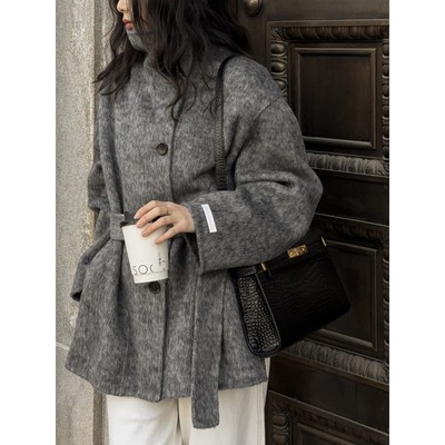 [伦敦晨雾]2024新款立领羊驼双面羊绒大衣韩式女式修身羊毛大衣