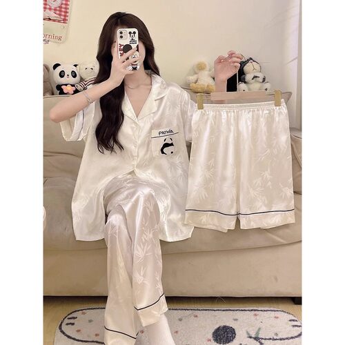 日本GP冰丝国风熊猫睡衣女夏带胸垫绸短袖长裤大码三件套家居服