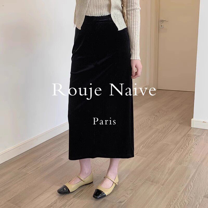 Rouje Naive丝绒直筒裙半身裙女秋冬金丝绒长裙半裙修身包臀裙子