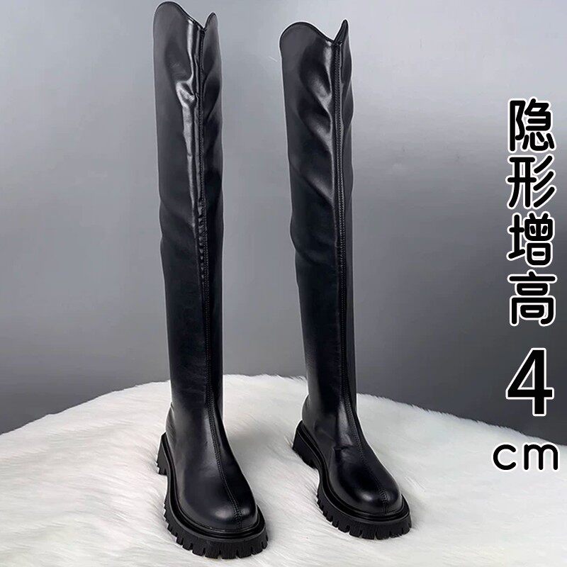 香港真皮厚底增高长筒靴女秋冬2026新款不累脚弹力加绒瘦瘦骑士靴