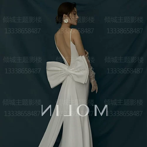 Свадебное платье для влюбленных с бантиком, с открытой спиной, крой «рыбий хвост», эффект подтяжки