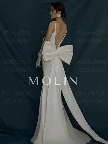 Свадебное платье для влюбленных с бантиком, с открытой спиной, крой «рыбий хвост», эффект подтяжки