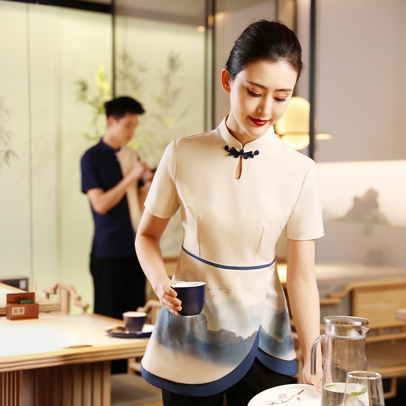 衣研堂酒店服务员工作服夏装中式餐厅餐饮前厅茶楼定制套装短袖女