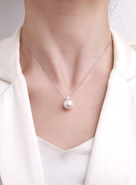 吊坠s925银仿珍珠吊坠项链s925纯银单颗12mm妃女款百搭锁骨链