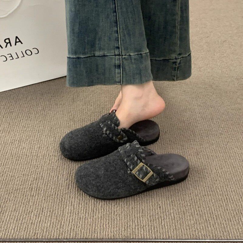 法国Uamtor复古呢子包头半拖鞋女外穿一脚蹬厚底灰色毛毡勃肯鞋女