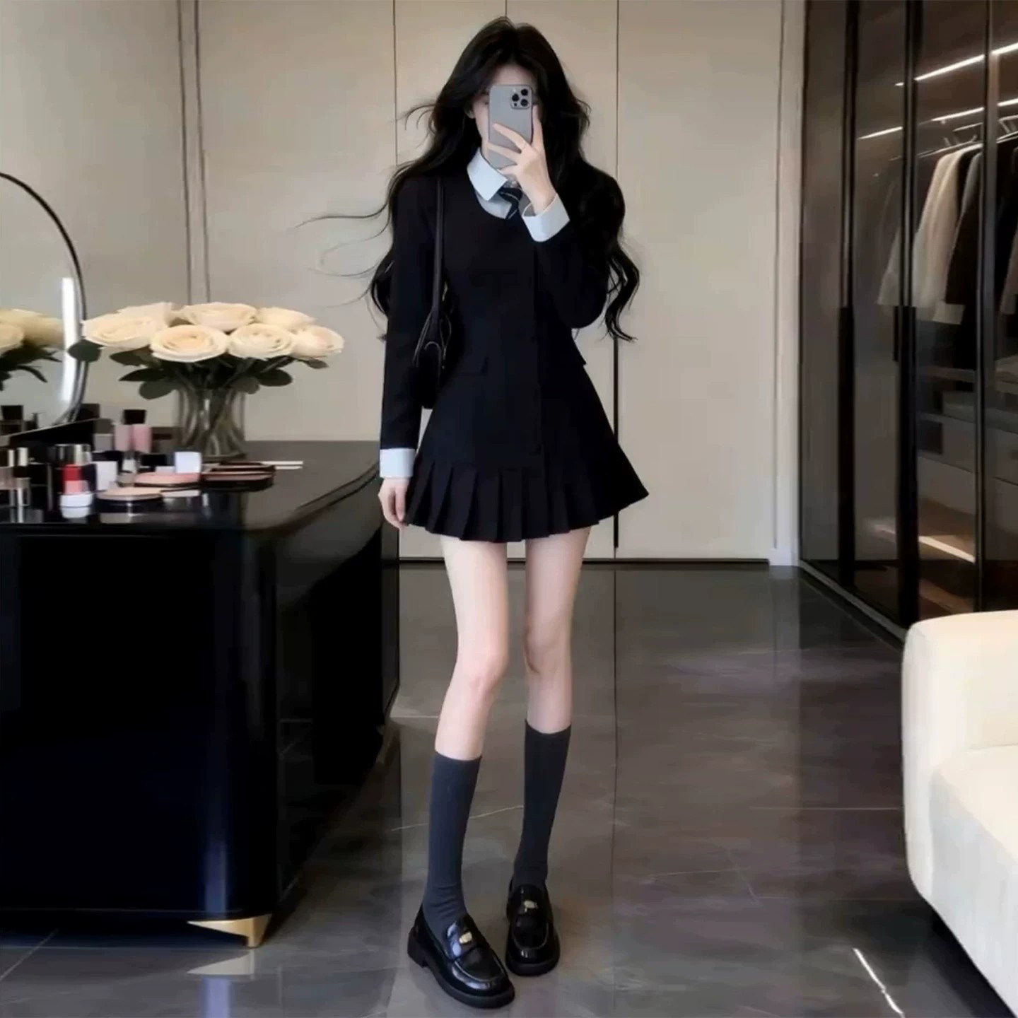 DGKP巨好看韩系穿搭一整套学院风连衣裙子女秋季新款百褶短裙套装