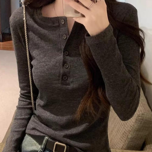 米兰风MDCW半开领灰色长袖t恤女秋冬纽扣修身内搭设计感别致上衣