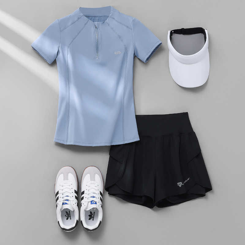 英国DGKP夏季速干晨跑服新款健身服短袖女显瘦徒步登山运动套装