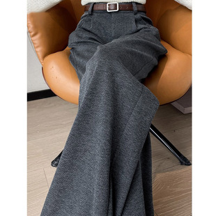 米兰风MDCW人字纹高级感灰色西装裤女秋冬高腰垂感毛呢加绒阔腿裤