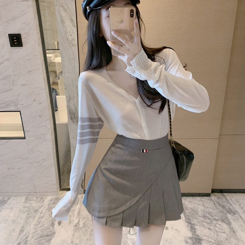 英国DHWAV领冰丝针织开衫百褶短裙两件套女装春秋上衣裙套装