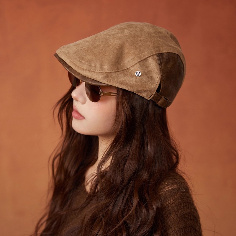 DHWA秋季老钱风皮革前进帽女气质复古麂皮绒鸭舌帽男文艺报童帽子