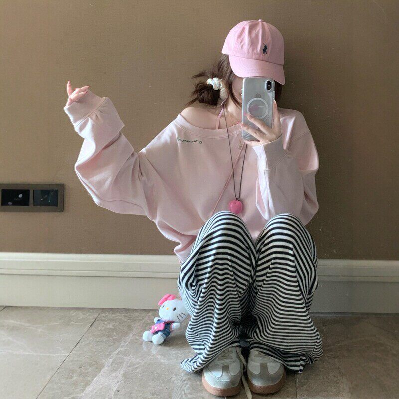 英国DGKP休闲运动套装女秋冬慵懒露肩长袖卫衣条纹长裤减龄两件套