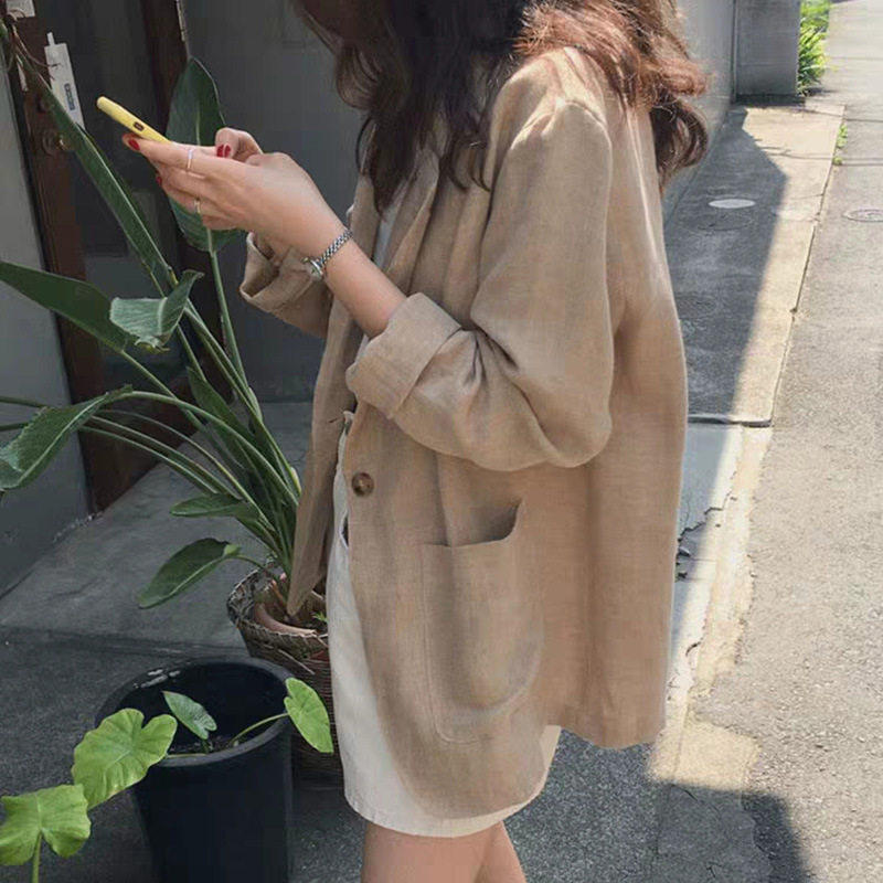 韩国春夏季港味卡其小西装外套女宽松轻薄棉麻小个子防晒短款西服
