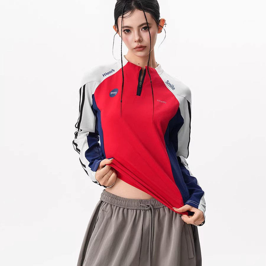 米兰风MDCW美式防晒速干骑行服女春撞色拼接凉感上衣户外运动长袖