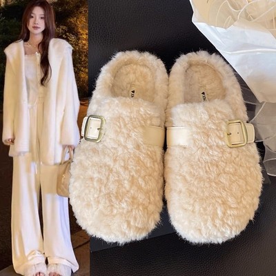 法国Uamtor厚底包头勃肯毛毛拖鞋女2025秋冬季新款加绒羊羔毛棉鞋