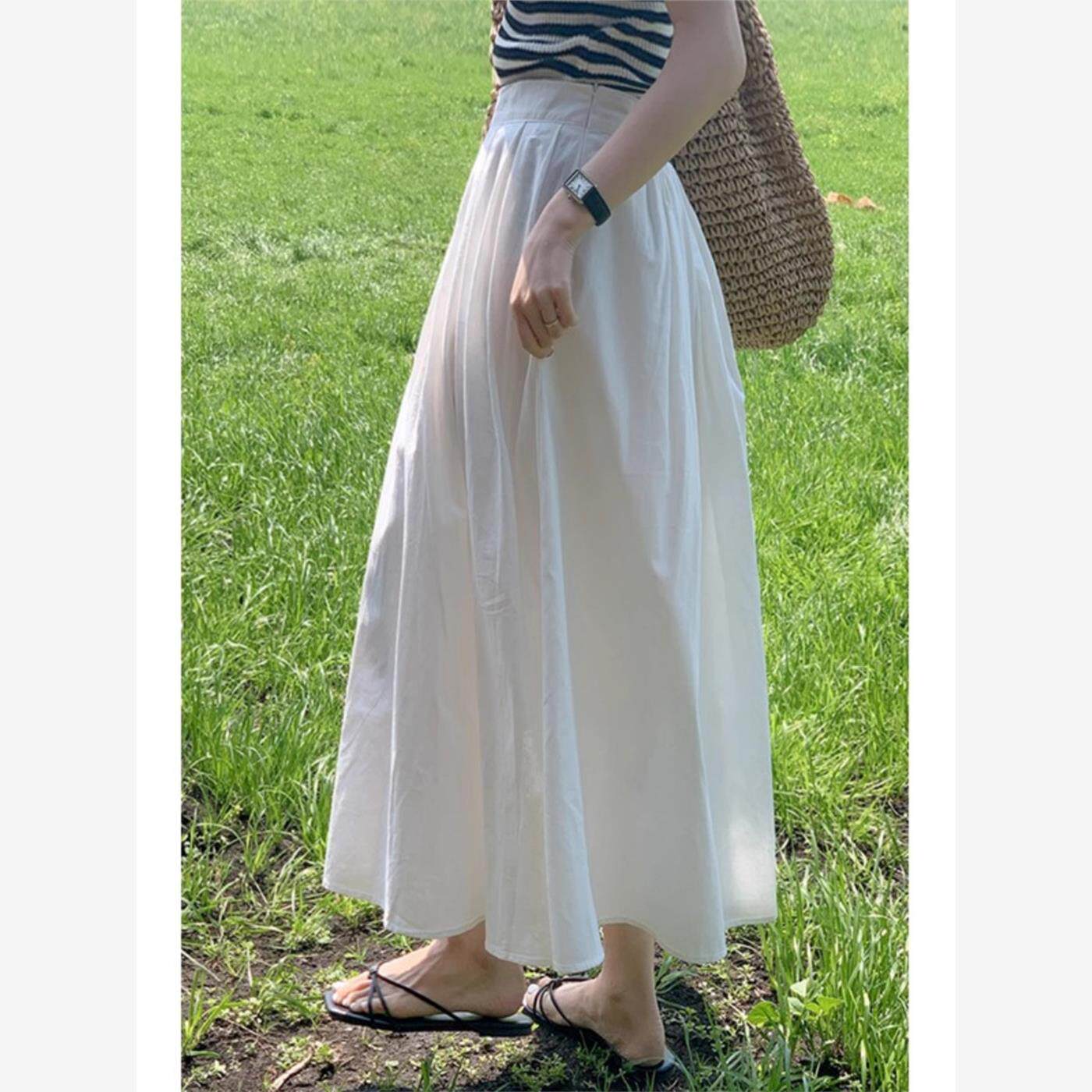 NextMary白色半裙a字半身裙女夏季高腰伞裙中长款大摆裙子长裙